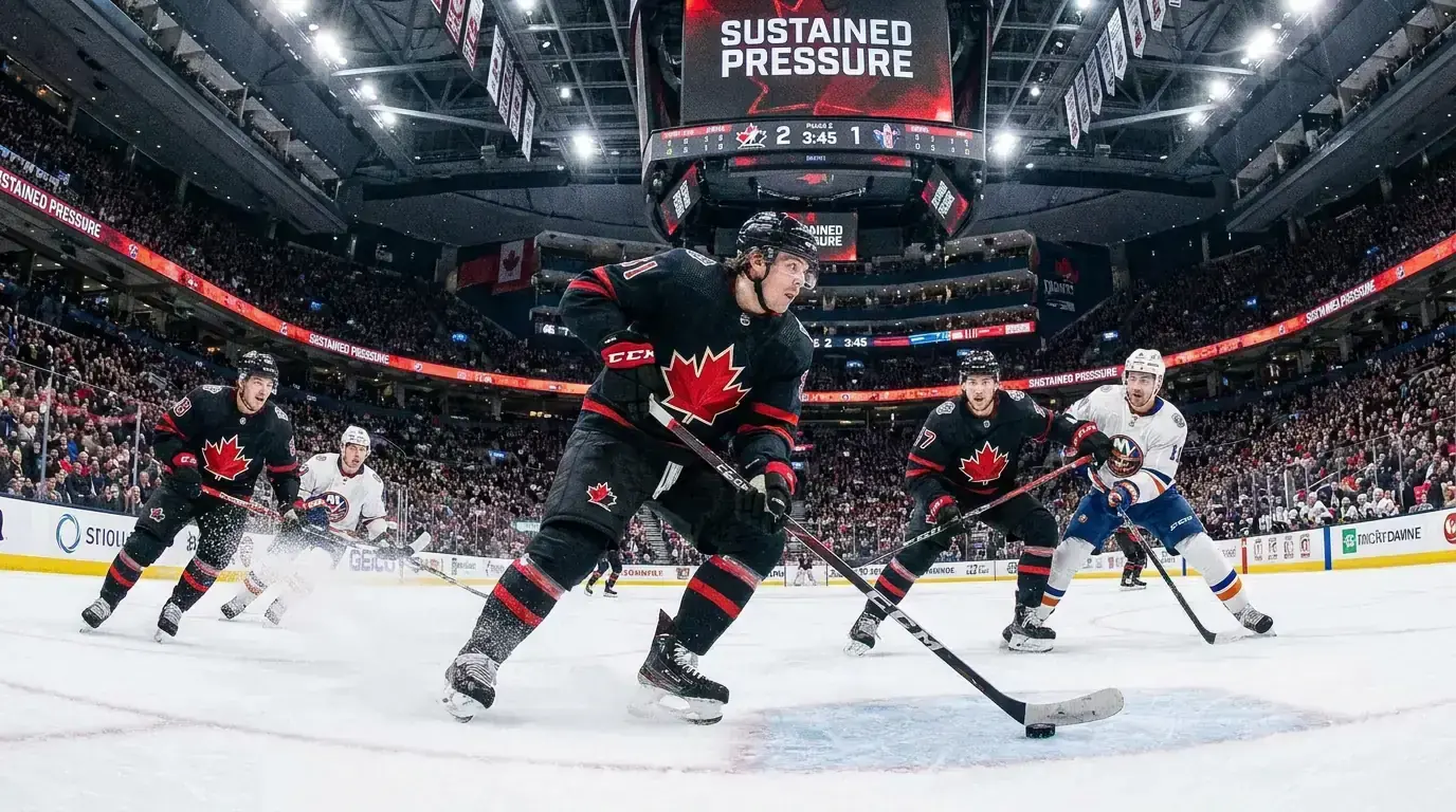 Hockey player controlling the puck in the offensive zone during sustained pressure