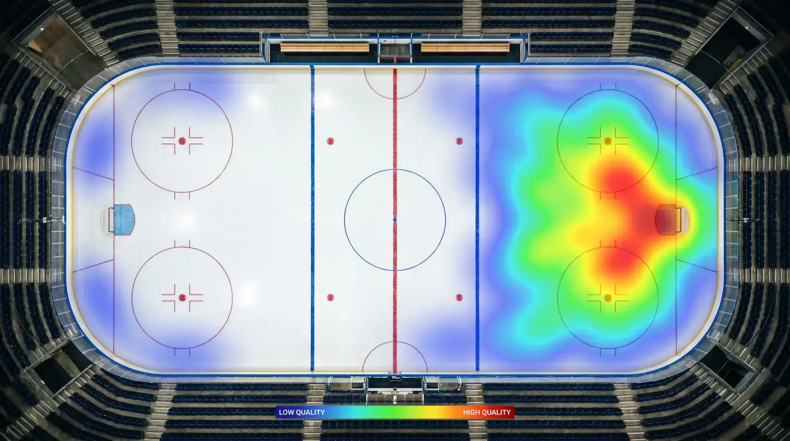 Ice hockey shot map diagram overlaid on a rink showing xG shot quality zones