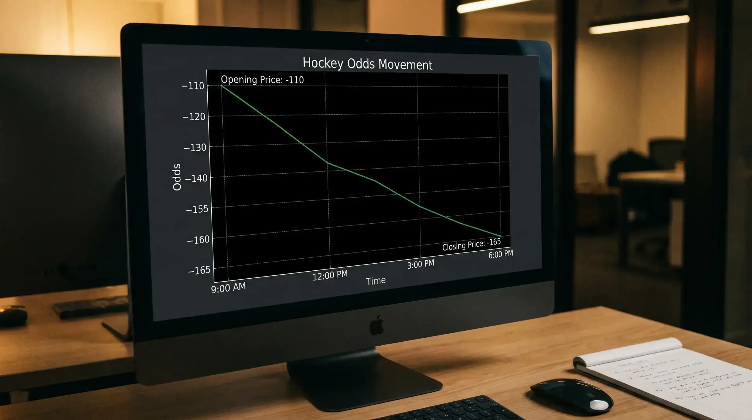 Screen showing NHL odds line movement from opening to closing price