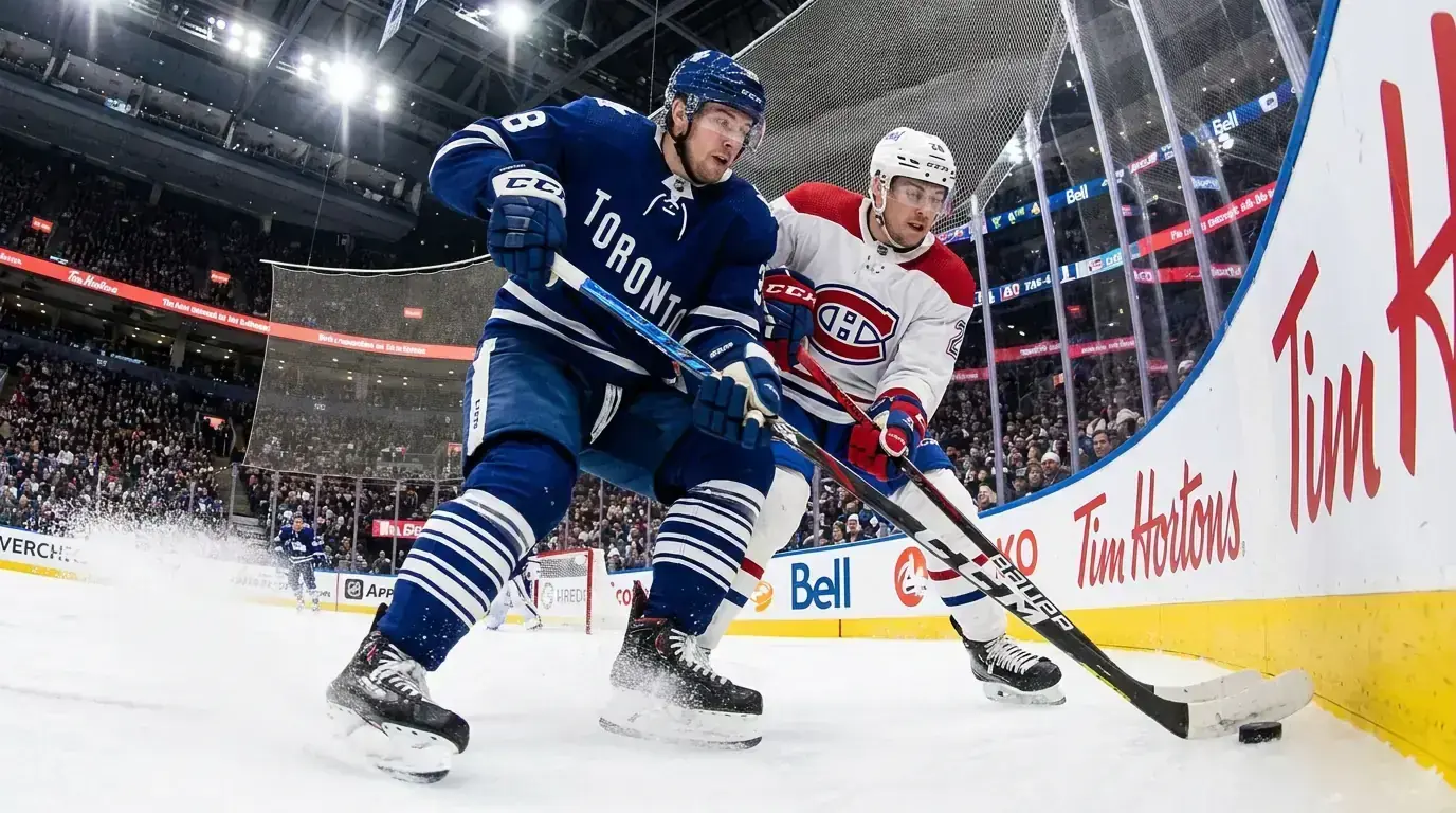 Two ice hockey teams competing for the puck near the goal during a professional match