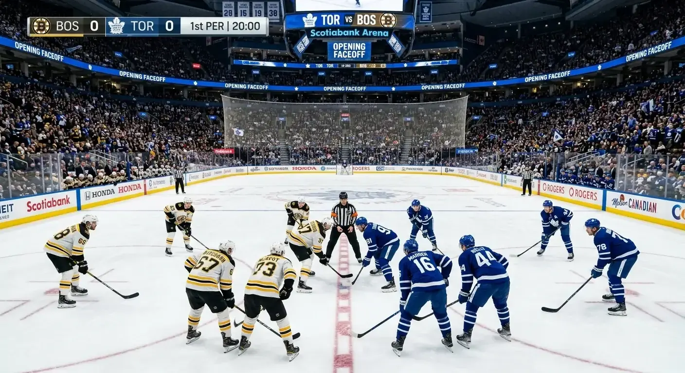 Two ice hockey teams facing off at centre ice before an NHL regular season game