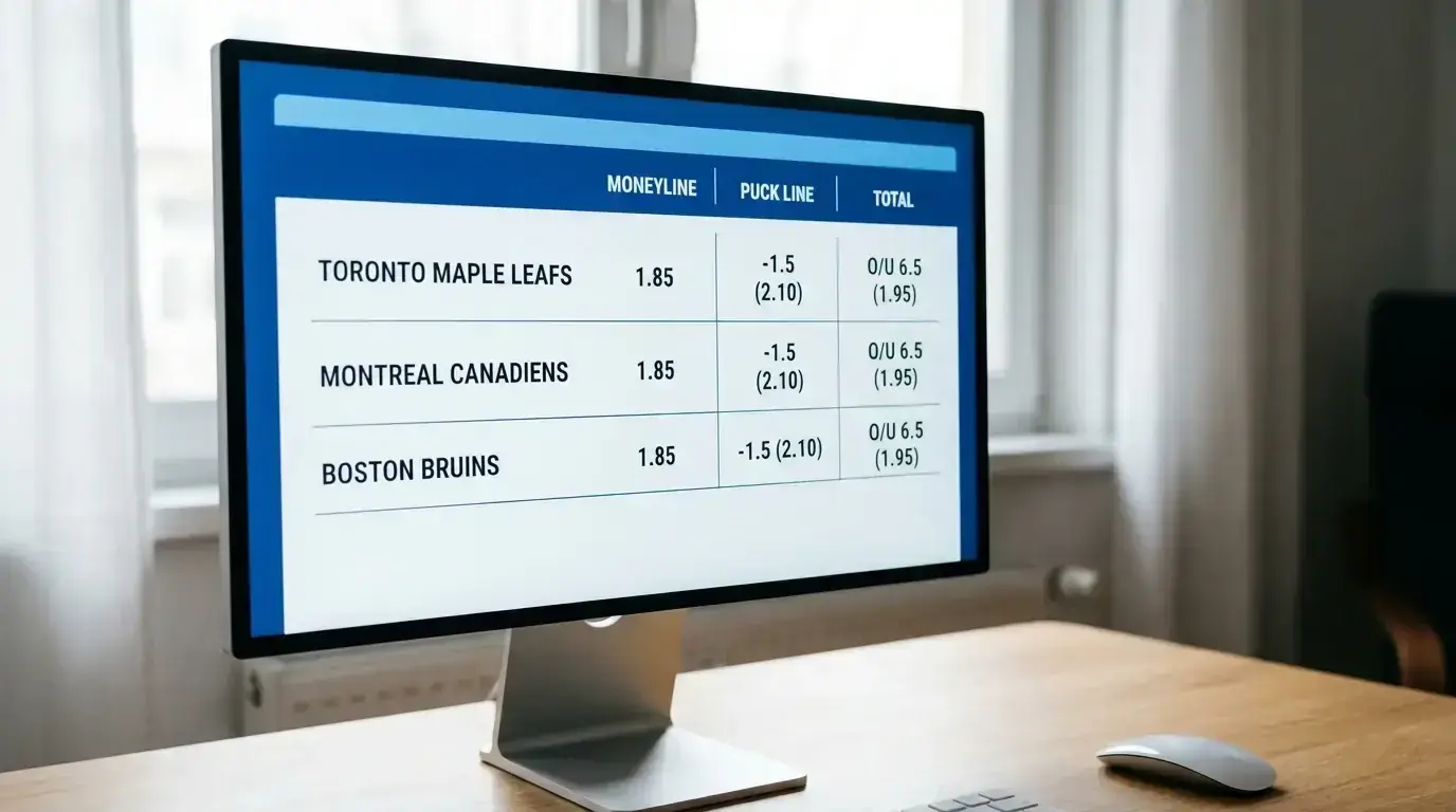 Close-up of a betting screen showing ice hockey odds in decimal and fractional formats
