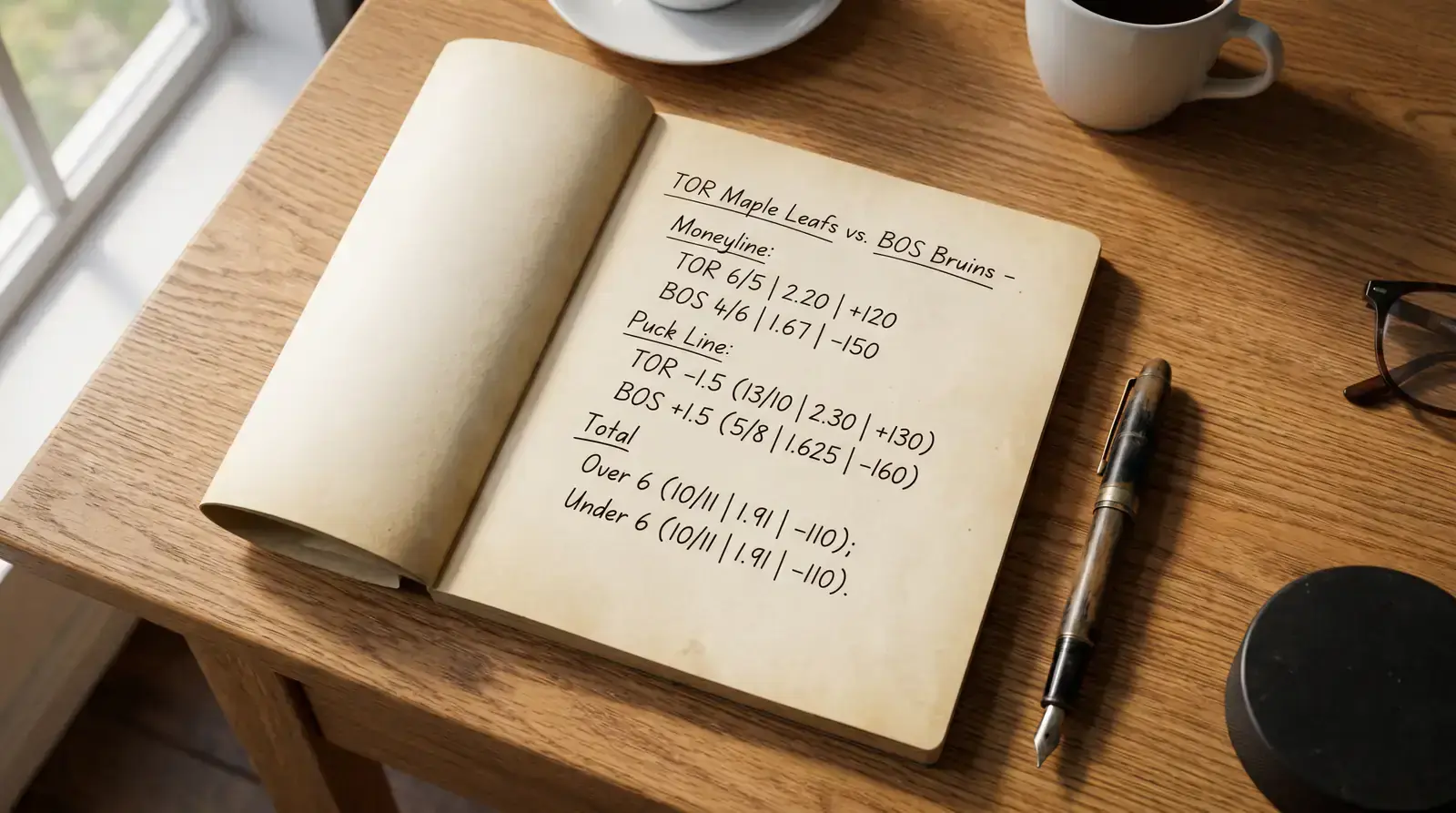 Notebook with fractional decimal and American odds conversions for a hockey moneyline bet