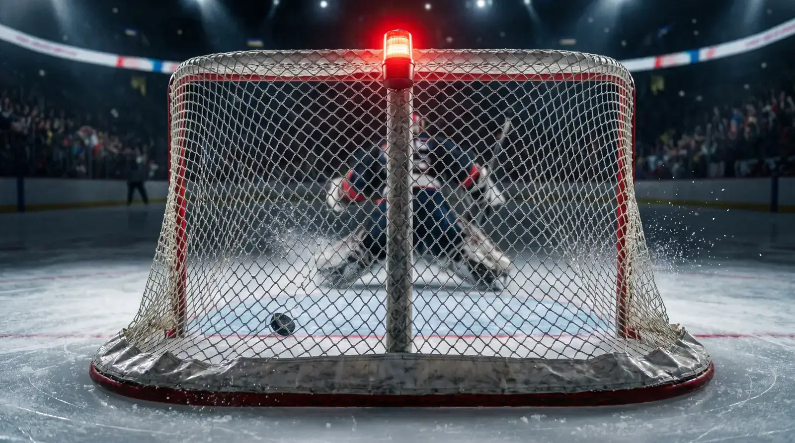 Ice hockey goal with puck crossing the line representing scoring in totals betting