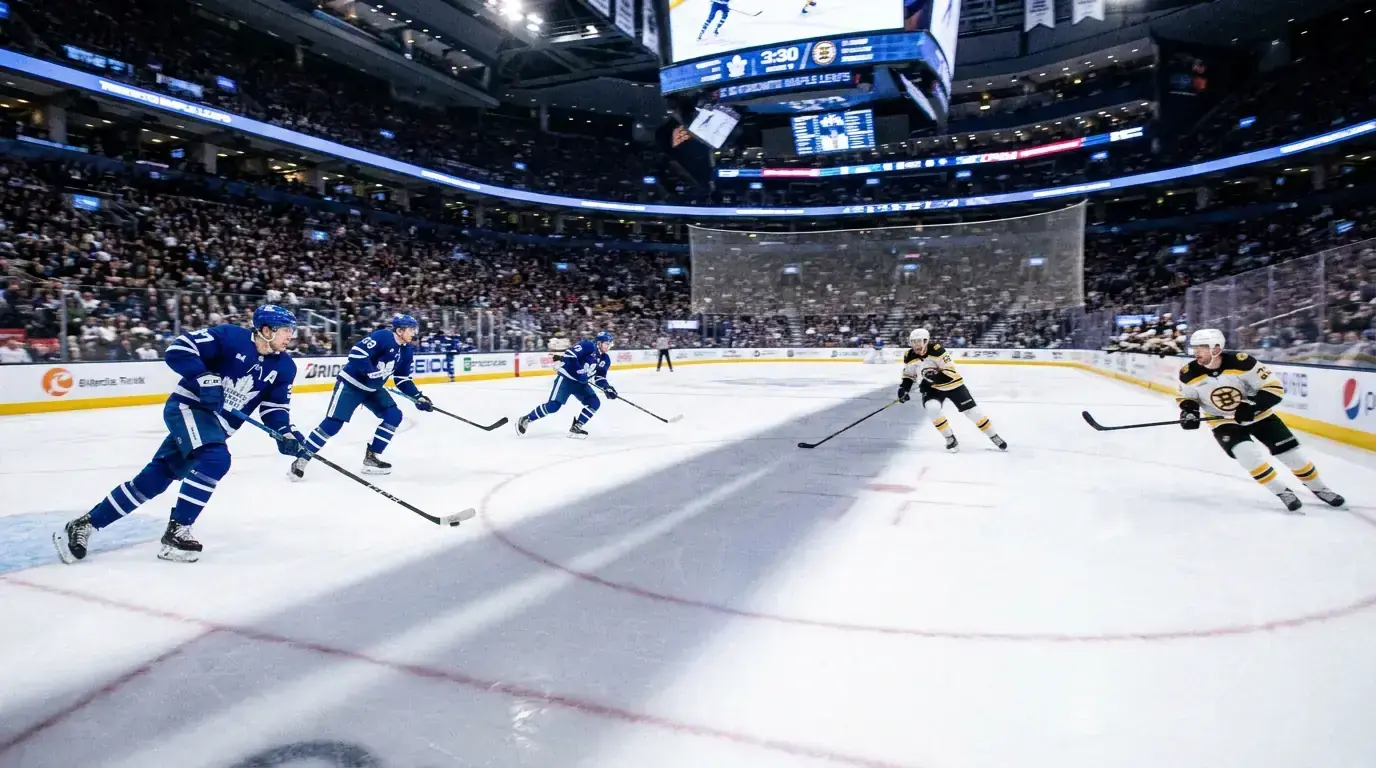 Three-on-three NHL overtime action with wide open ice and fast-paced play