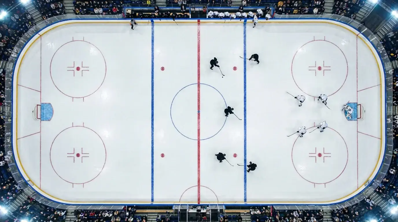 Ice hockey power play with five attackers against four defenders near the goal