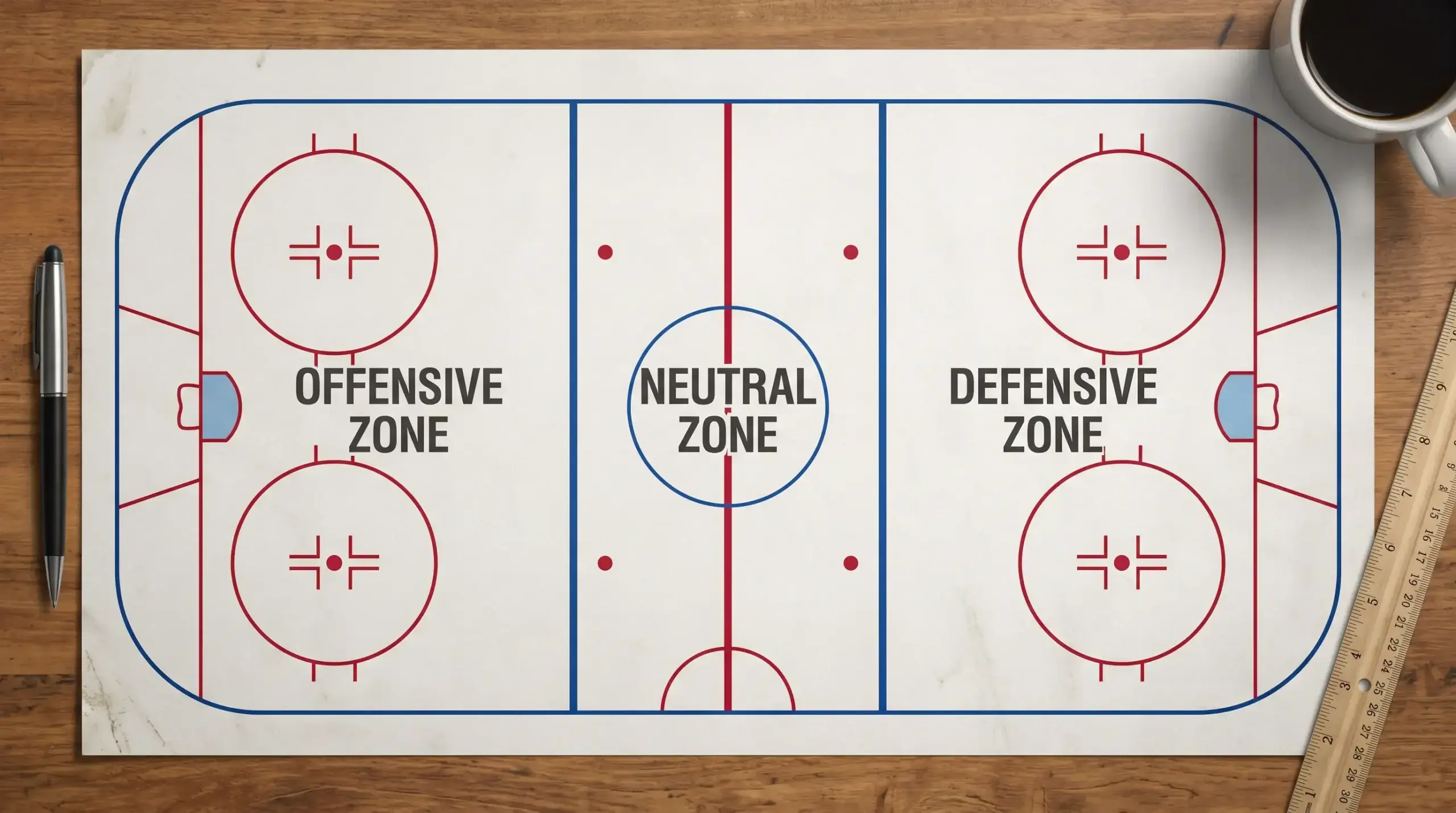 Diagram of an ice hockey rink showing zones and key areas for understanding the sport