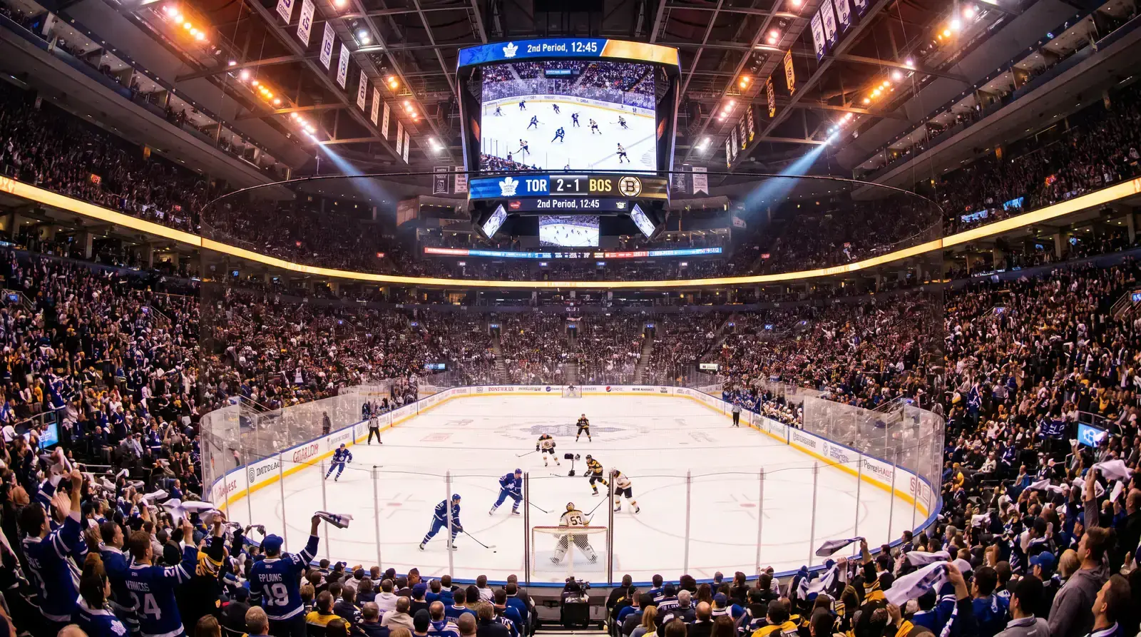 Ice hockey arena wide shot with game in progress representing a multi-leg same-game parlay