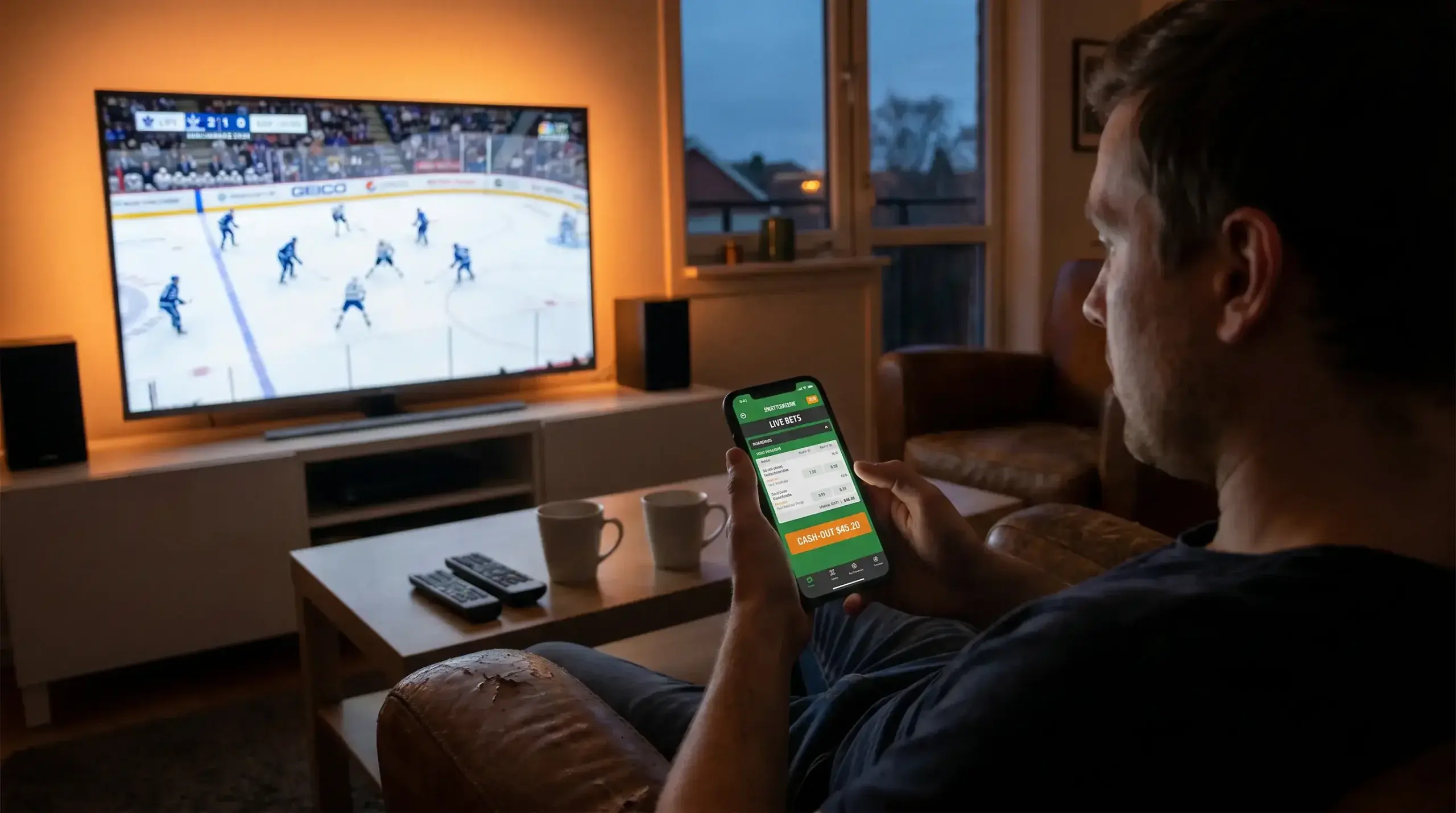 Hockey bettor watching a live game on screen with a cash-out decision ahead