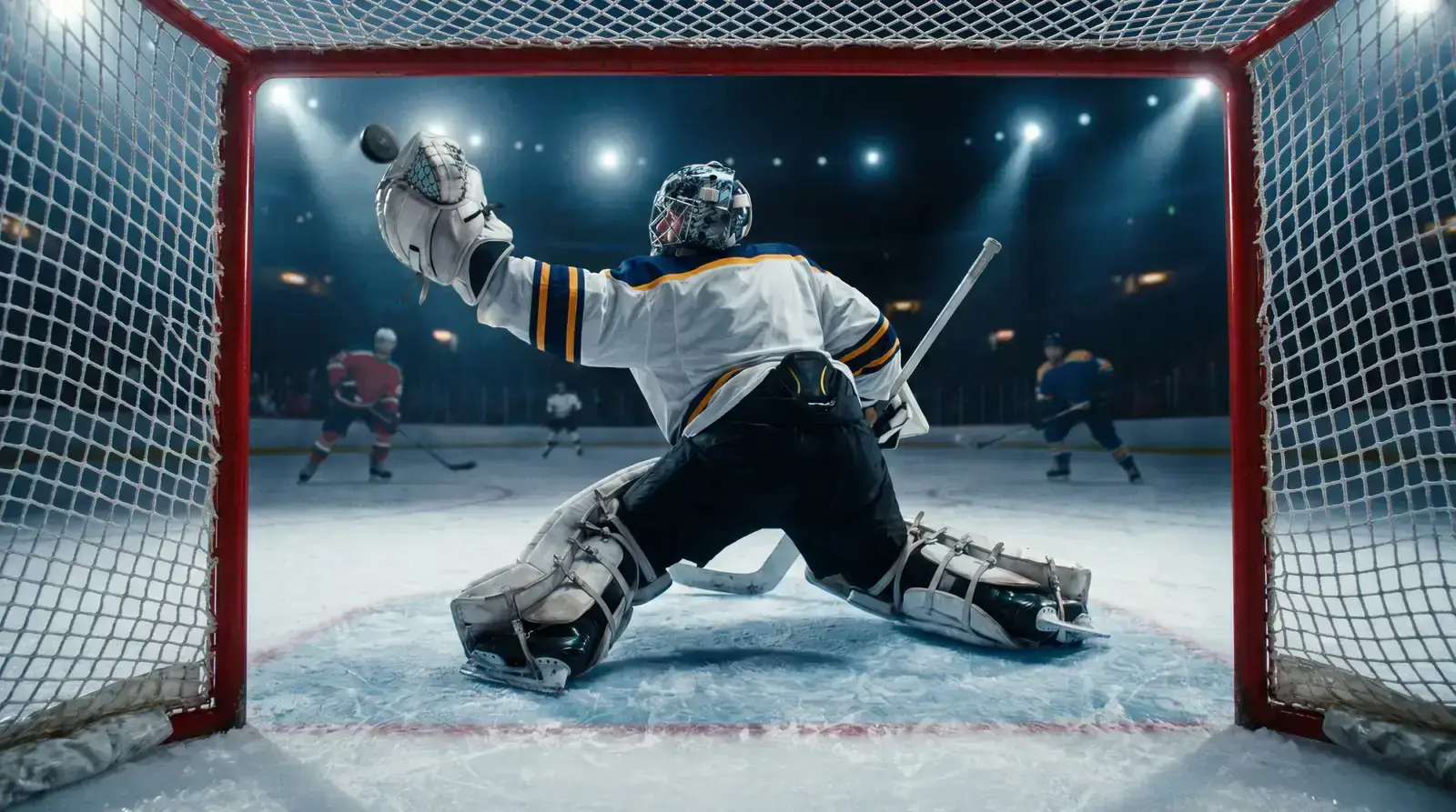 Ice hockey goaltender in full equipment making a glove save during a game