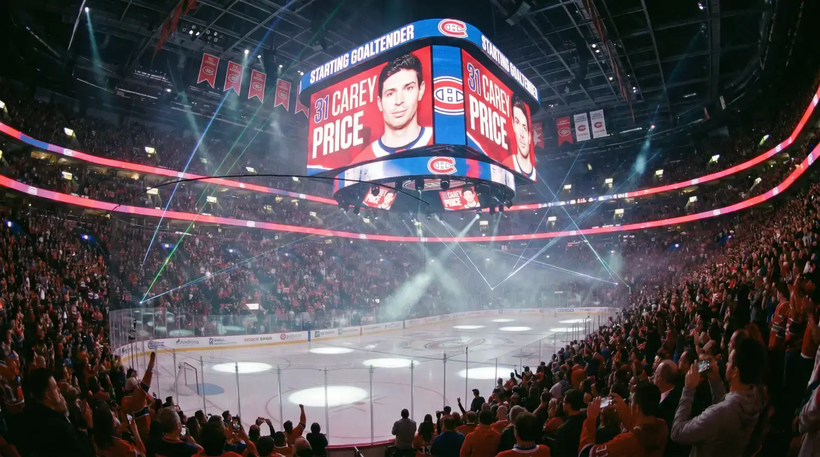 NHL goaltender being announced on the arena screen before a game