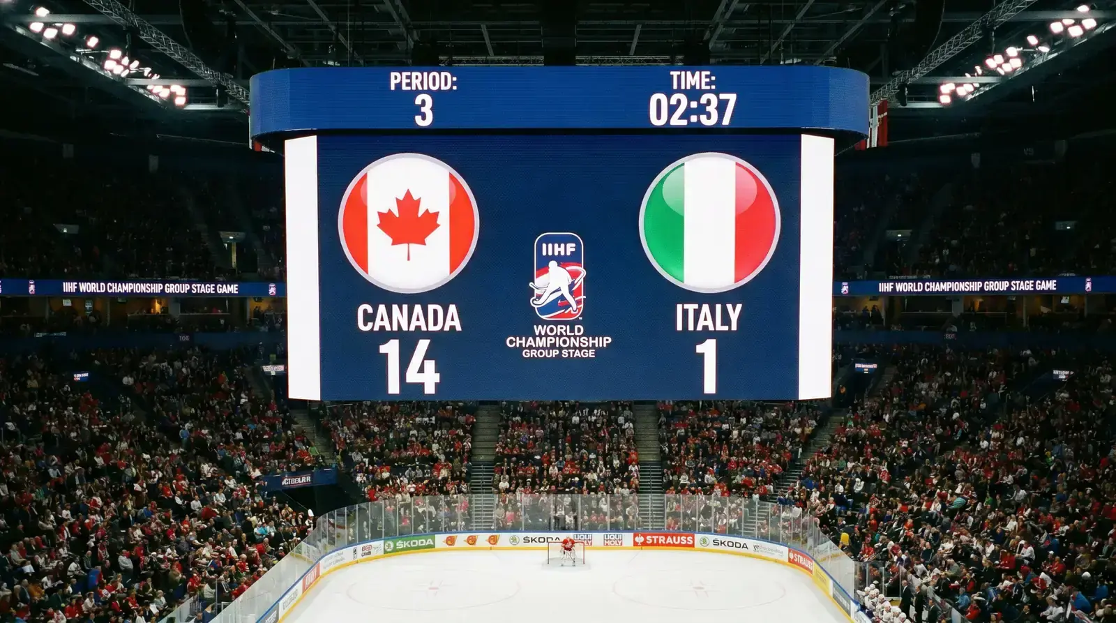 Scoreboard showing a lopsided result during an early IIHF group stage match