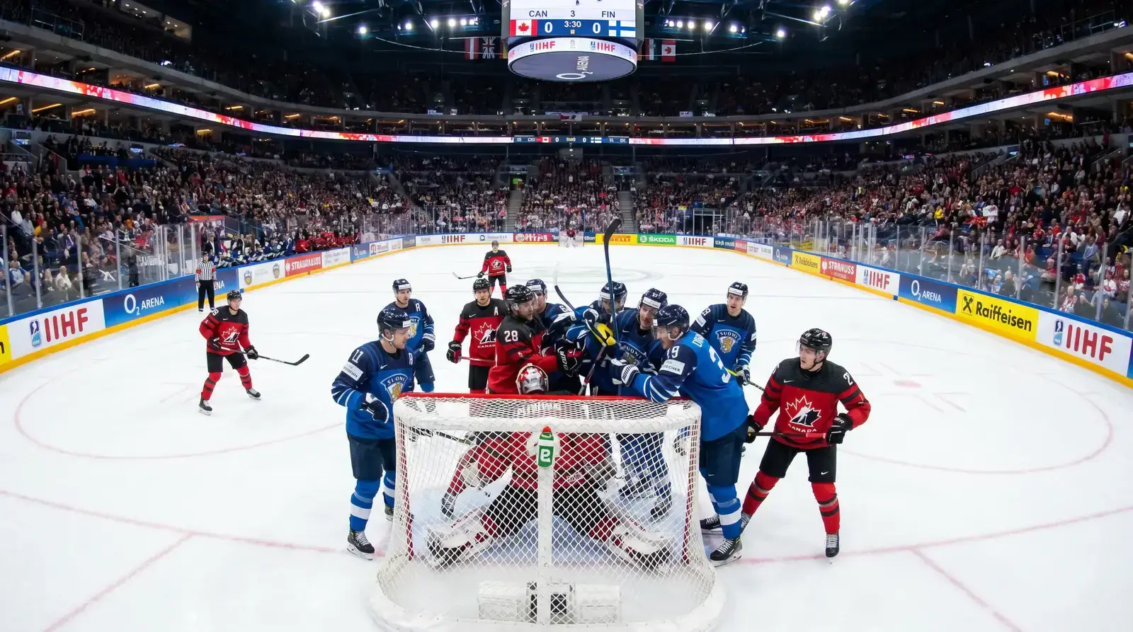 Tight defensive play during an IIHF knockout round game with low scoring