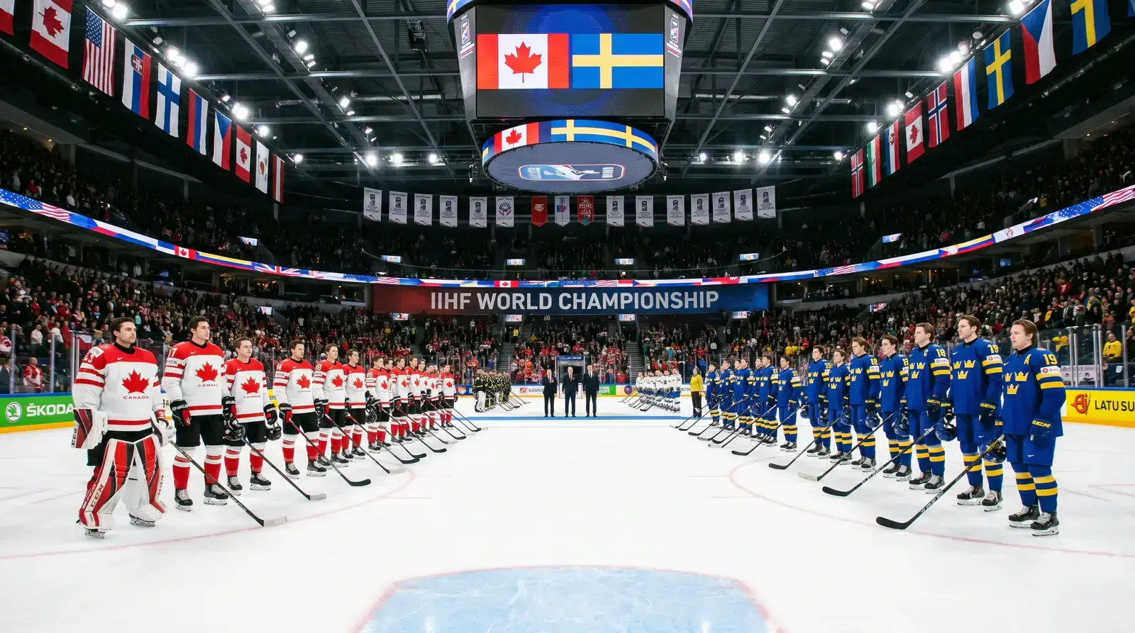 National hockey teams lined up for the anthem at an IIHF World Championship game
