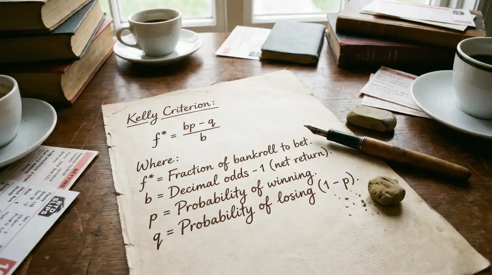 Mathematical formula written on paper illustrating the Kelly criterion for sports betting