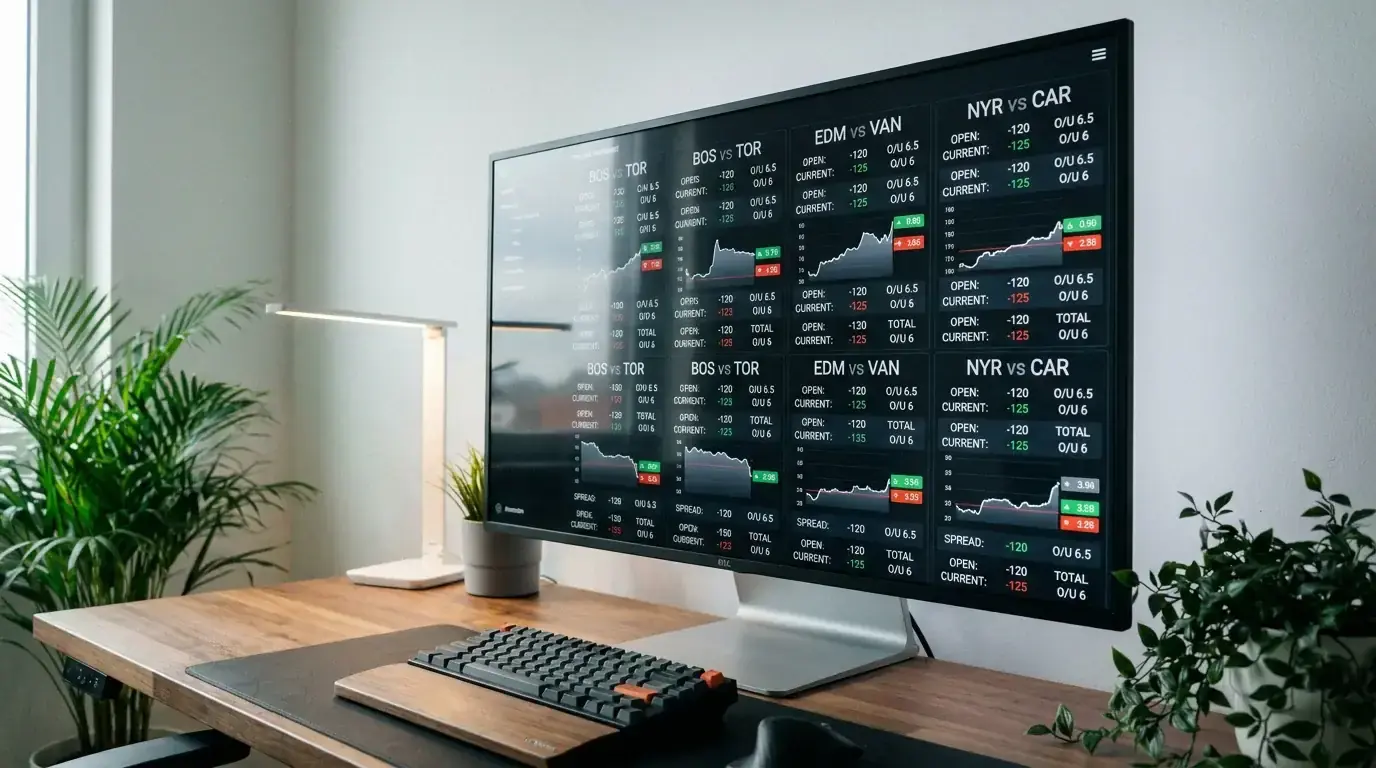 Computer screen showing line movement tracking tools for multiple NHL games