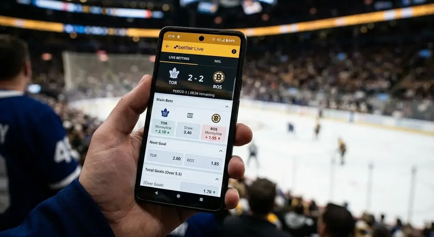 Close-up of a hockey betting app showing real-time odds and score updates