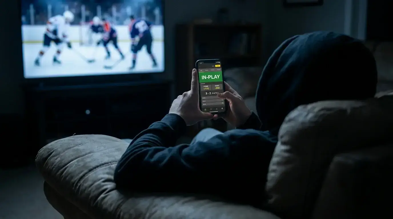 Person placing a live bet on a hockey game using a mobile phone
