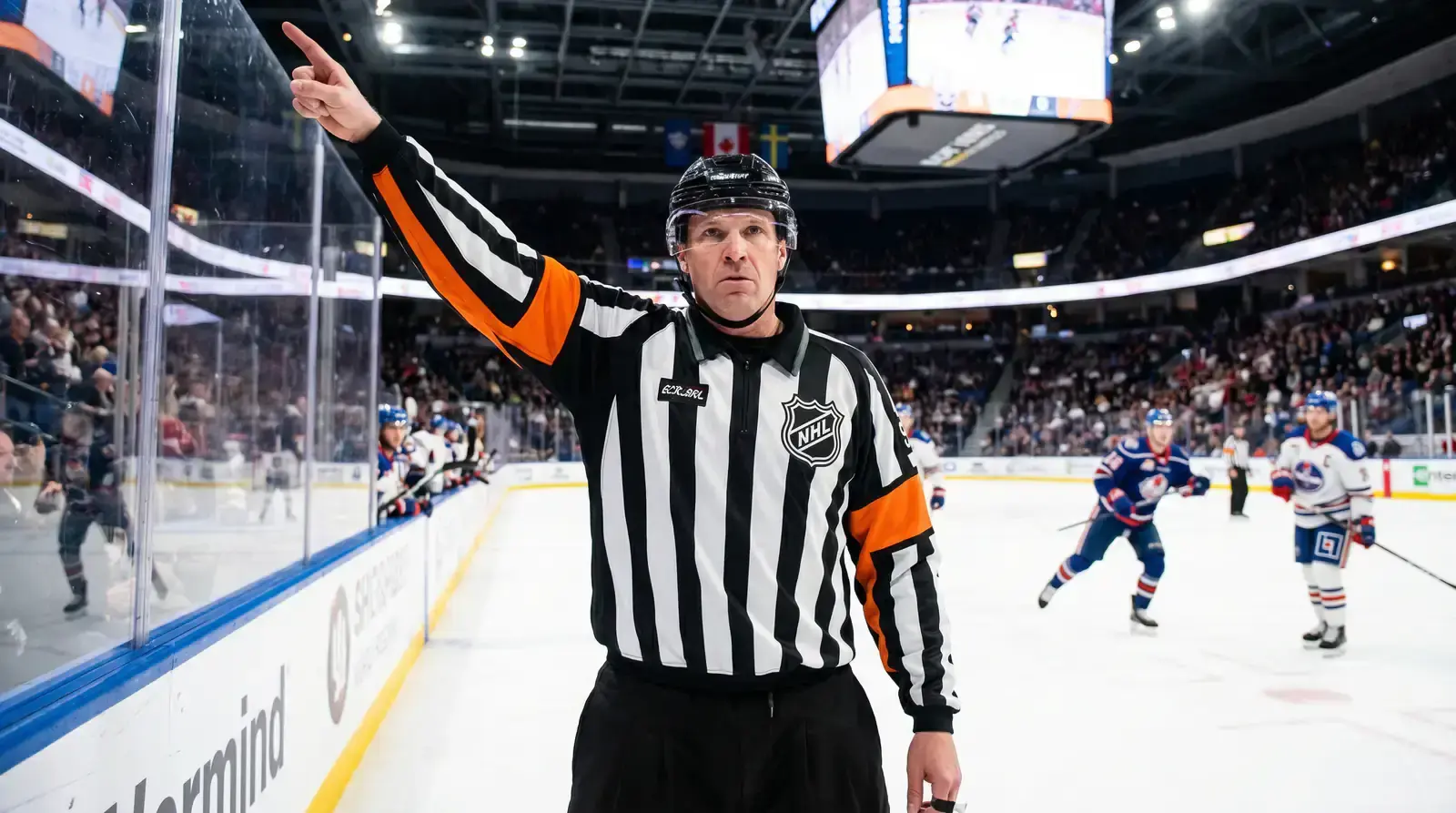 Referee pointing to the penalty box after calling a penalty during an NHL game