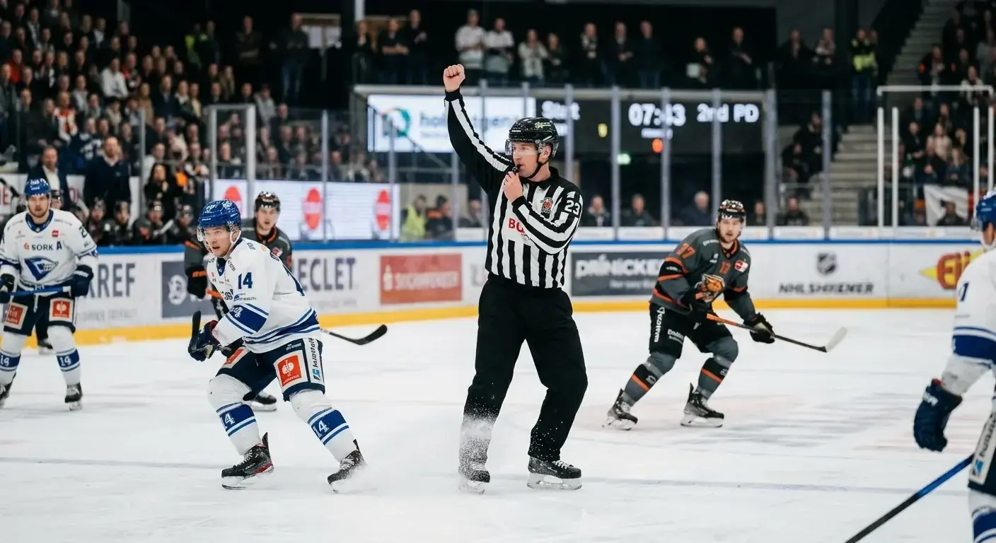 Hockey referee blowing the whistle for a play stoppage during a live game
