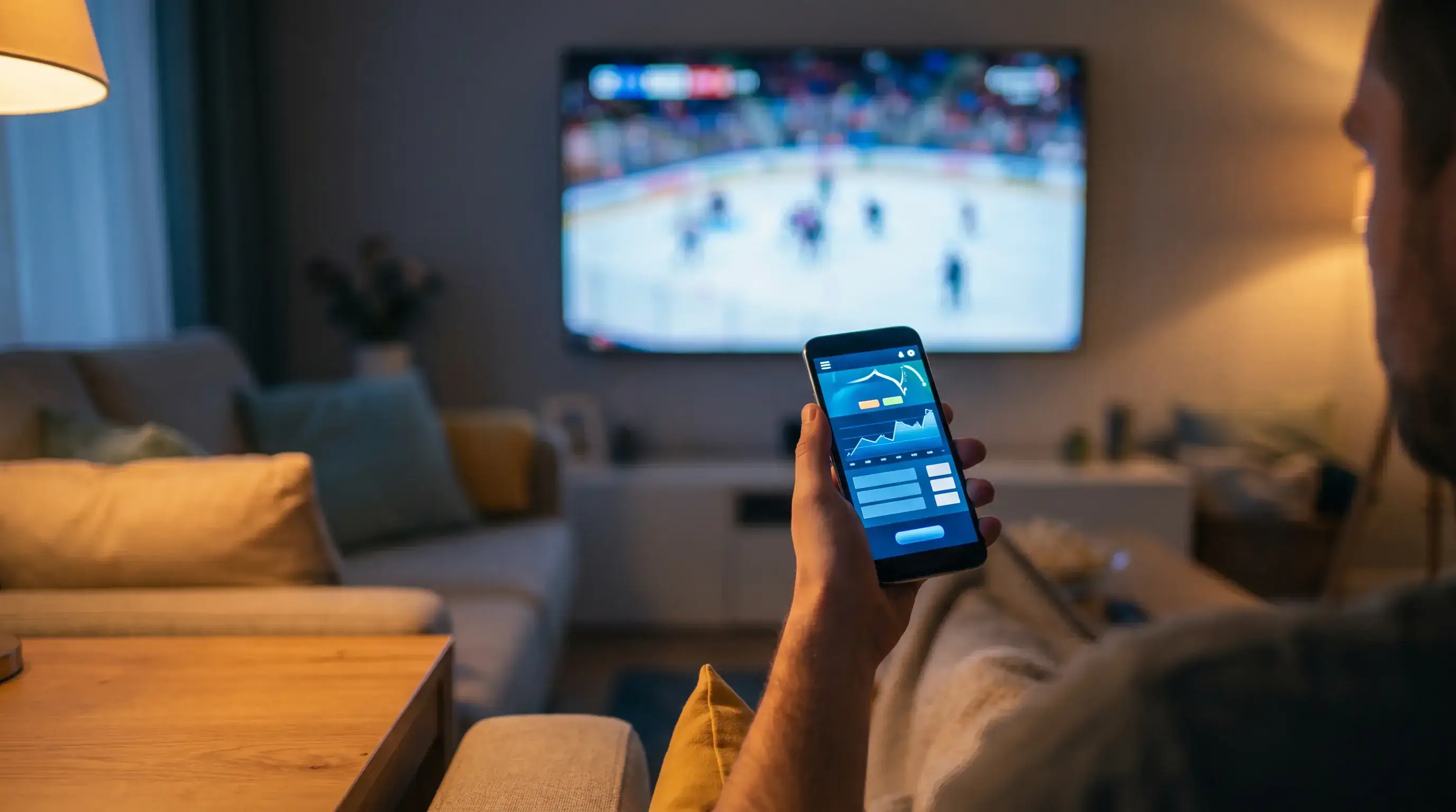 Person holding a smartphone with a live ice hockey betting interface while watching a game on television