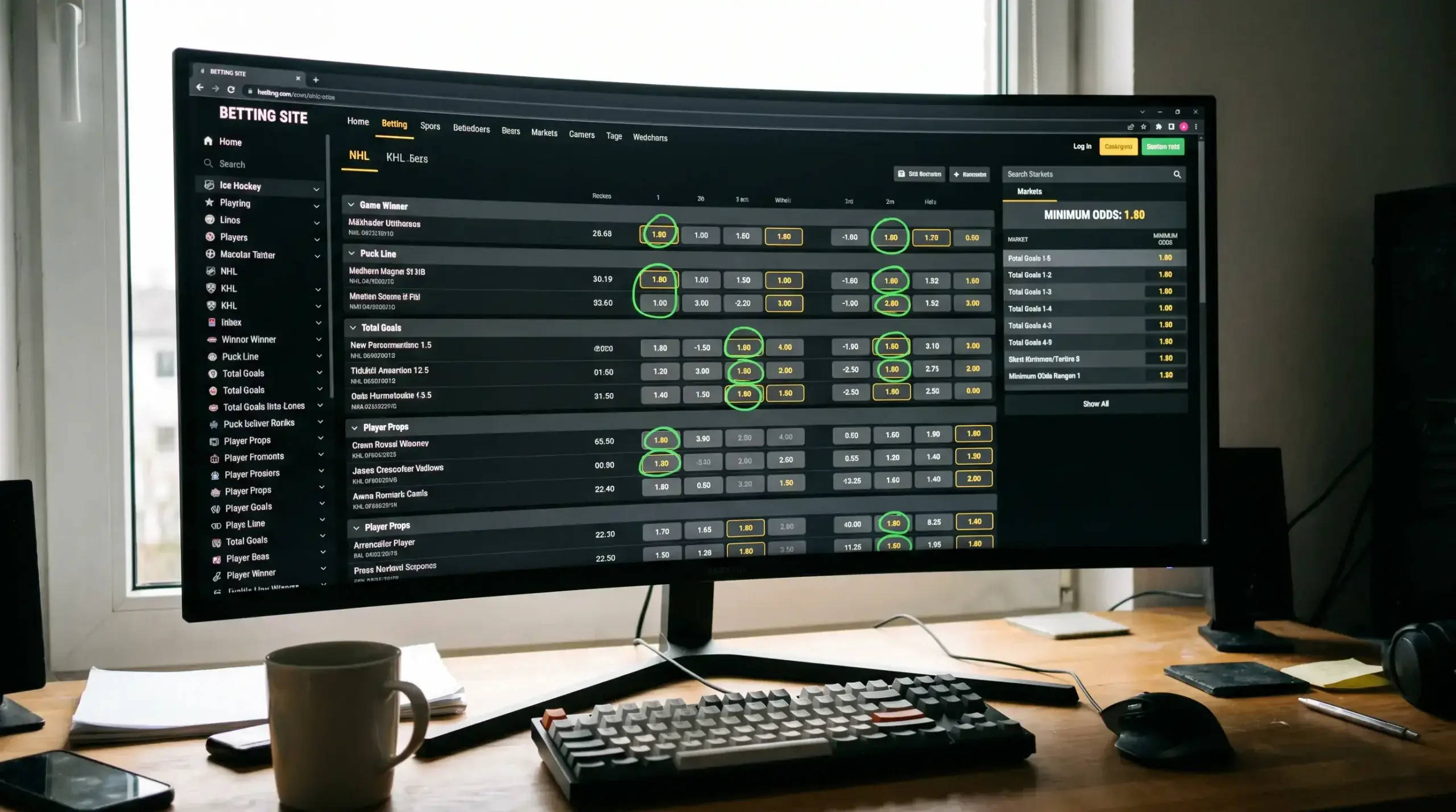 Hockey odds display showing various markets that meet minimum odds thresholds