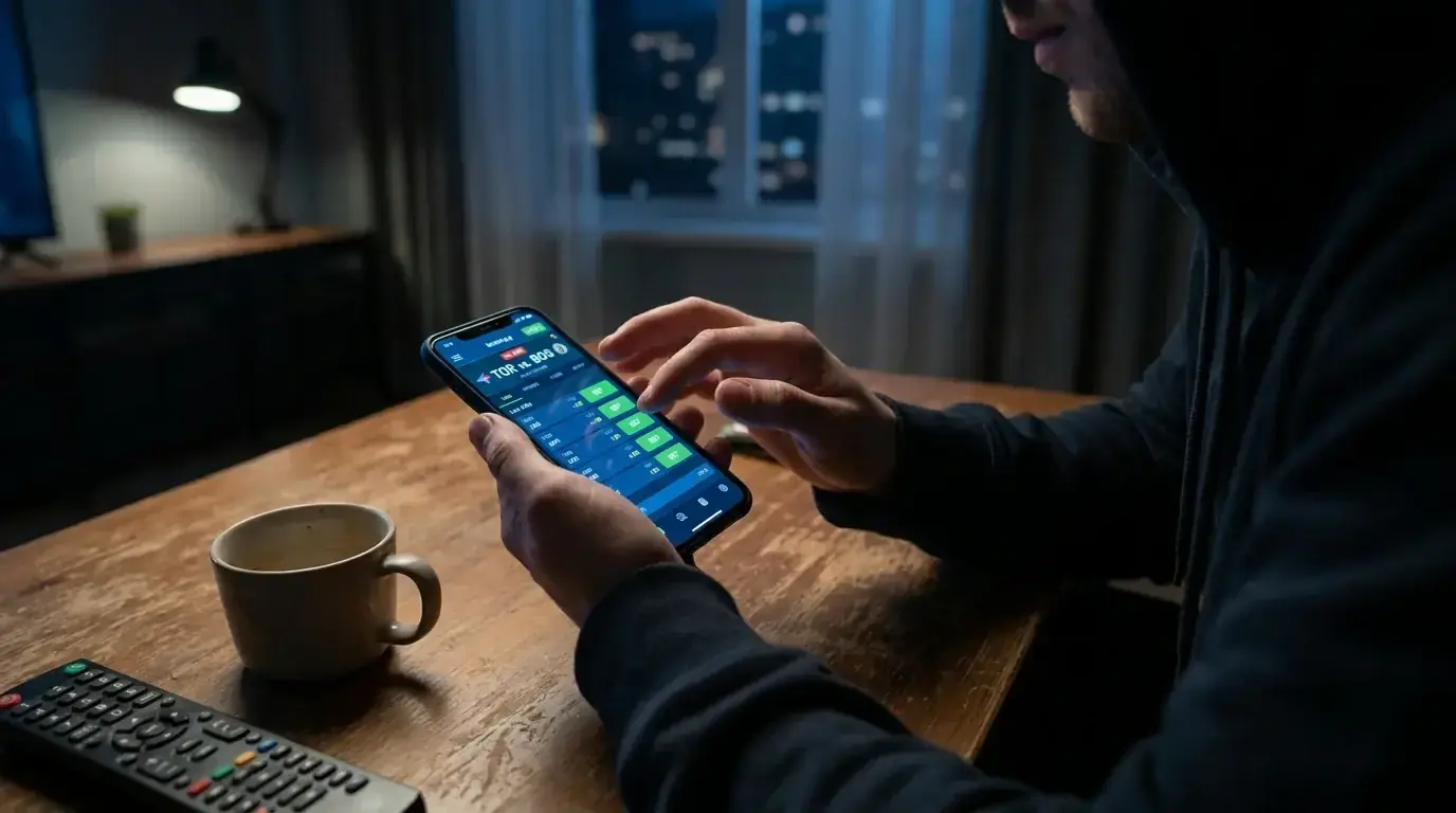 Person placing a live hockey bet on a mobile phone while watching a game