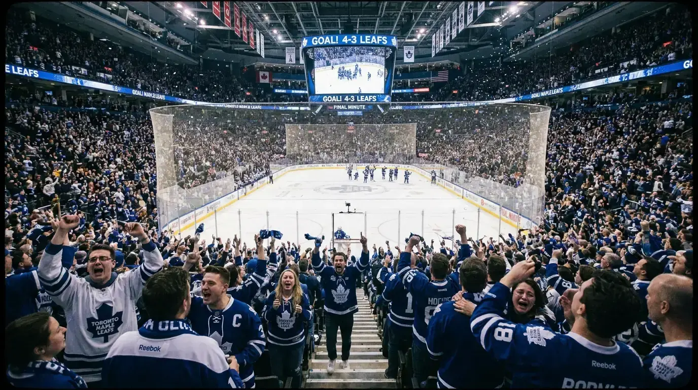 Excited ice hockey crowd in an arena supporting their home team
