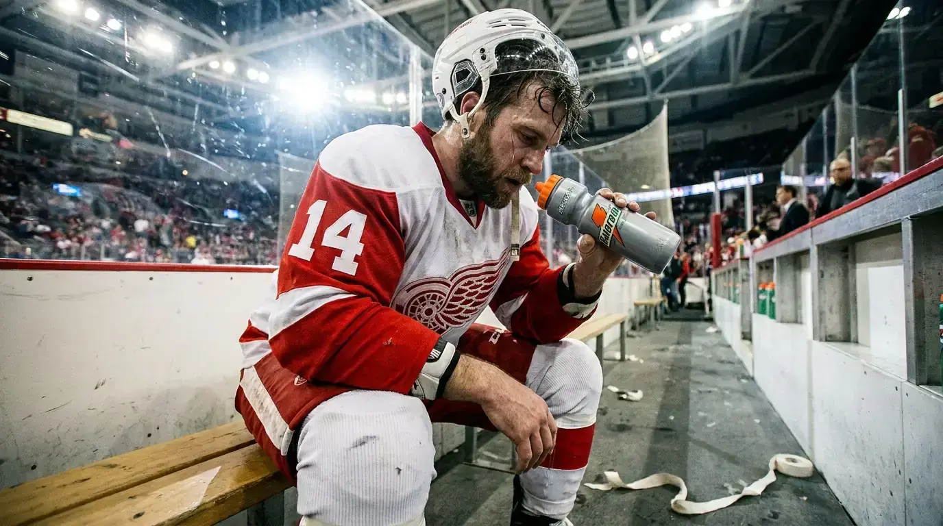 Tired NHL hockey player on the bench drinking water after a demanding shift