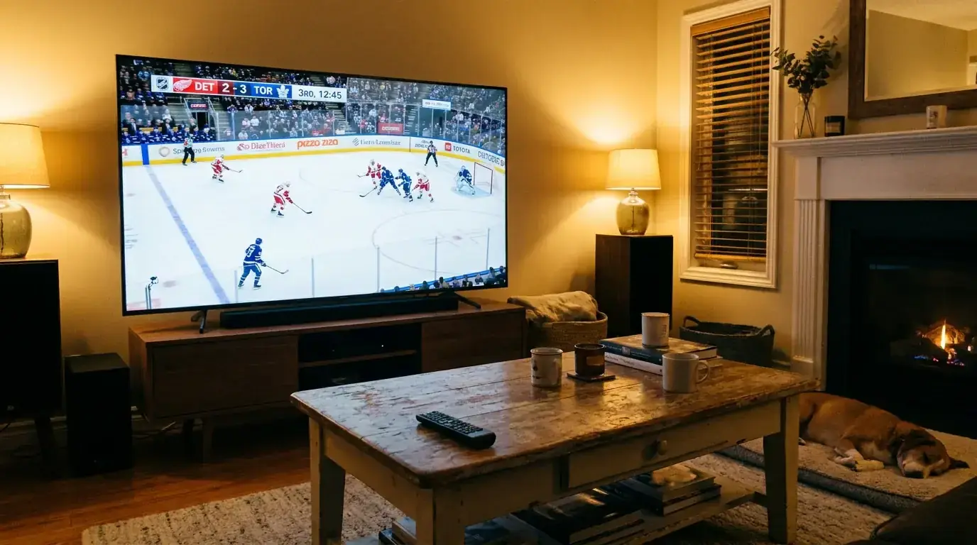 NHL game being broadcast on television with studio analysts