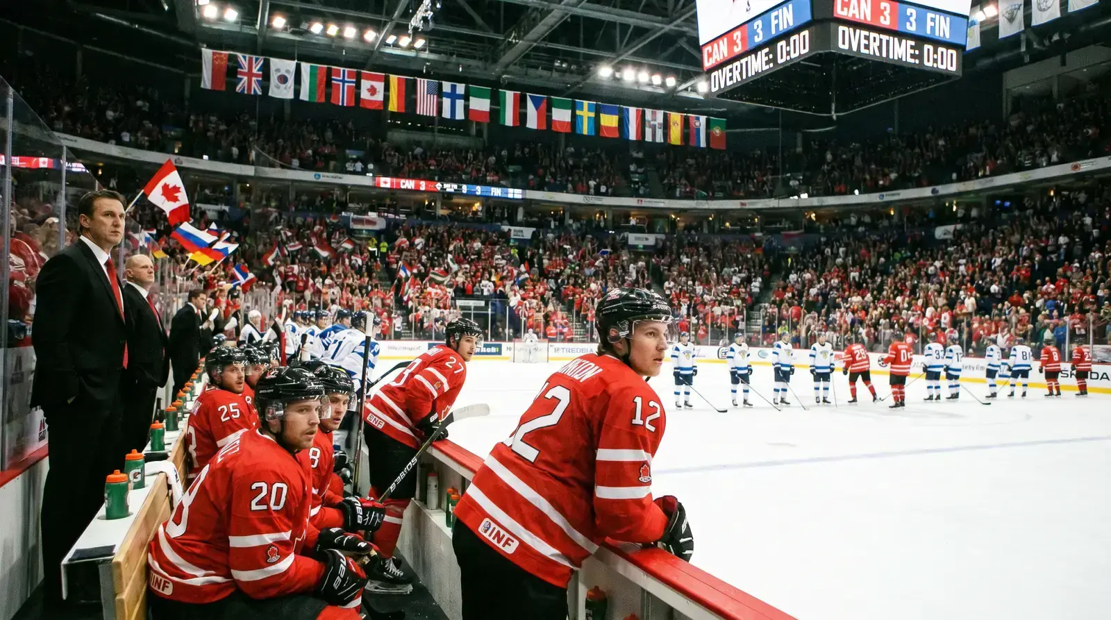 IIHF international hockey game going to overtime with players on the bench