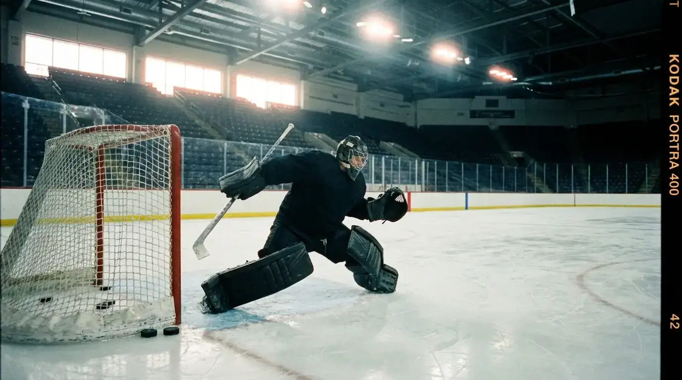 NHL goaltender on the ice during morning skate before game confirmation