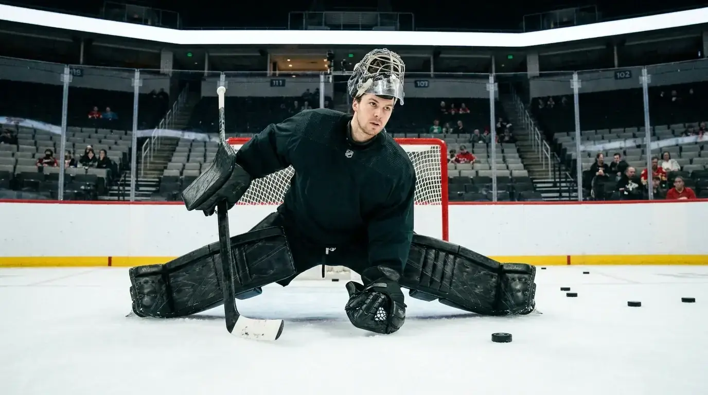NHL goaltender stretching during pre-game warmup on the ice