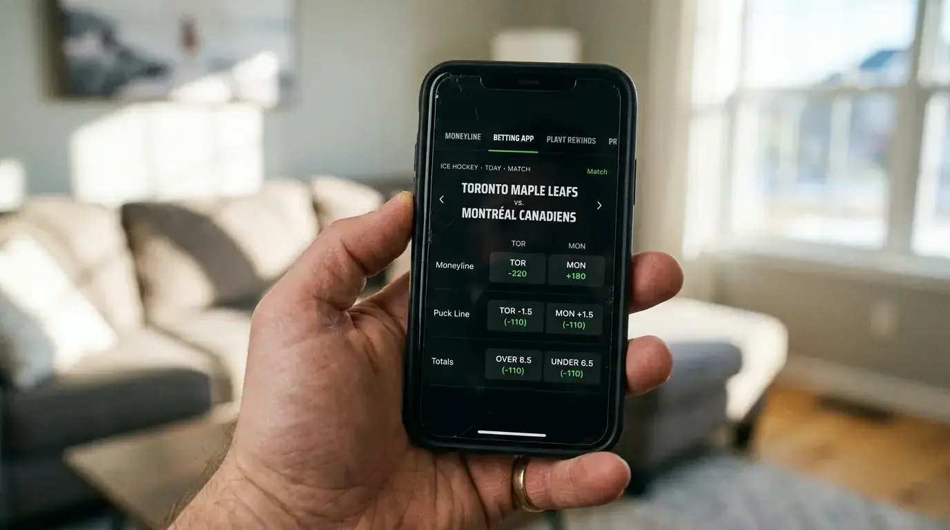 Mobile betting app displaying NHL moneyline puck line and totals markets