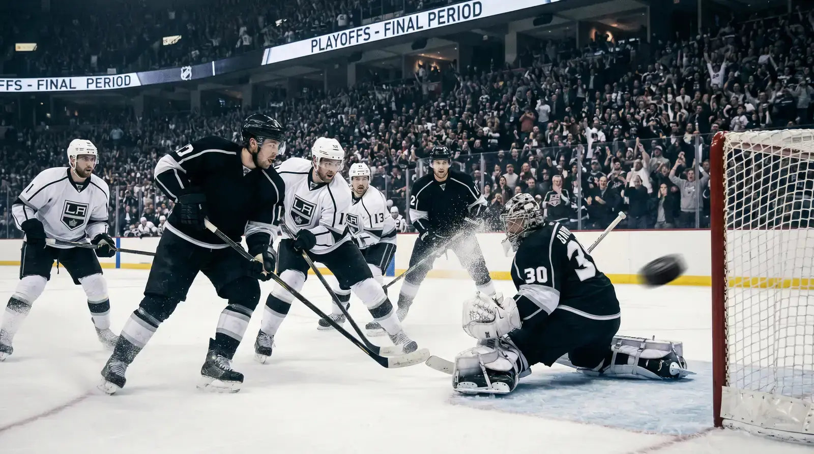 Intense NHL playoff action with players competing in front of the goaltender