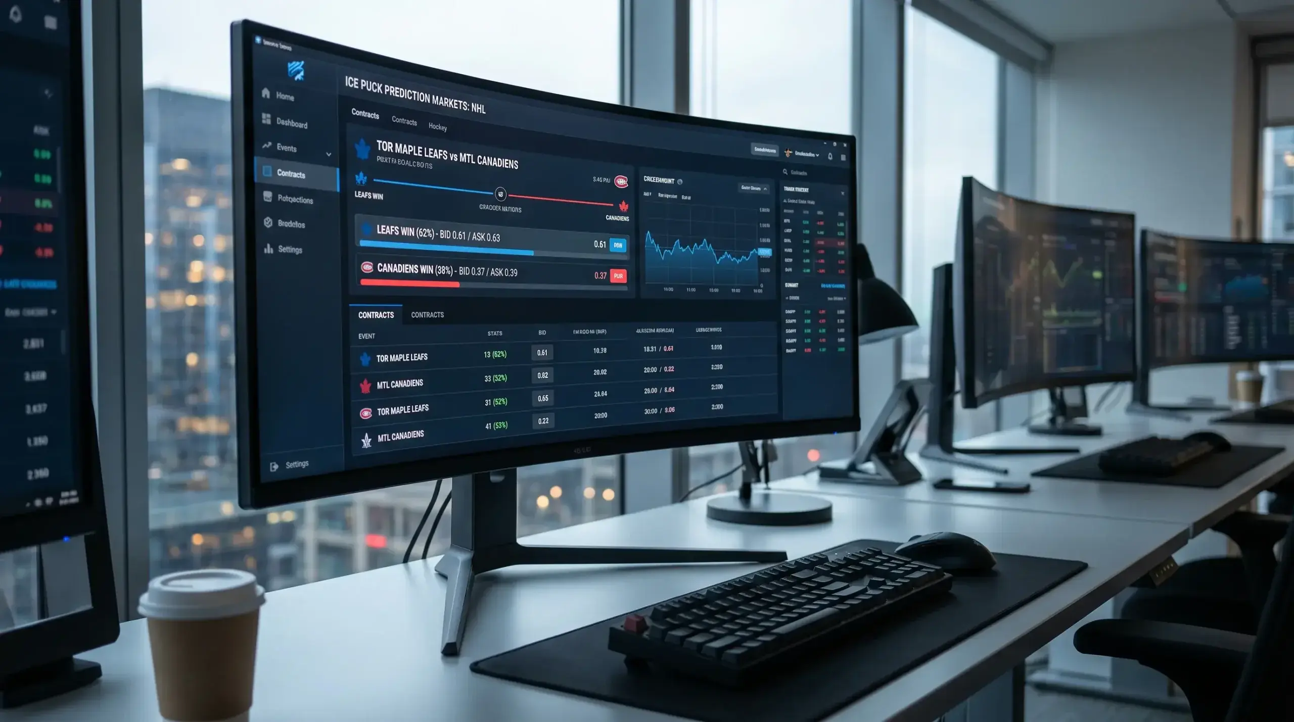 Digital trading interface showing hockey prediction market contracts and pricing