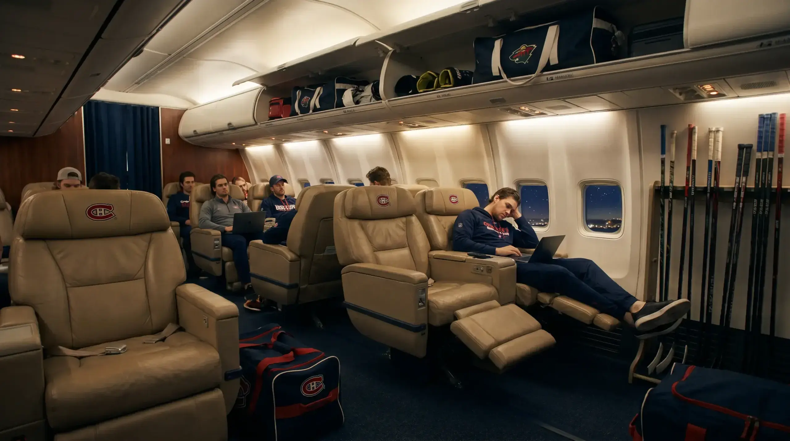 Interior of a hockey team charter aircraft during an away game road trip