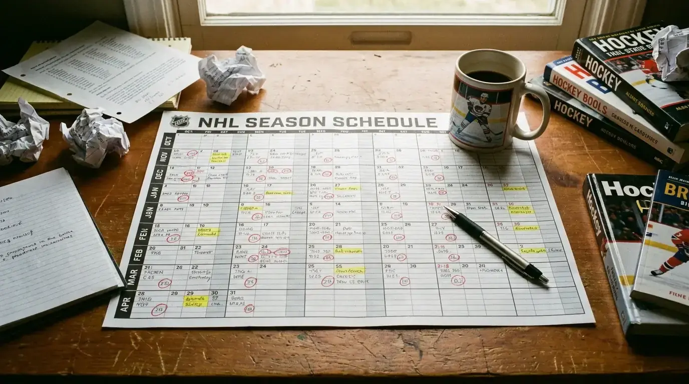 NHL regular season schedule showing 82 games across six months