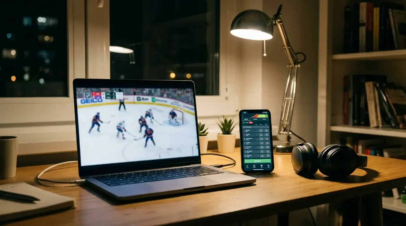 Laptop streaming an NHL game next to a phone with live betting odds