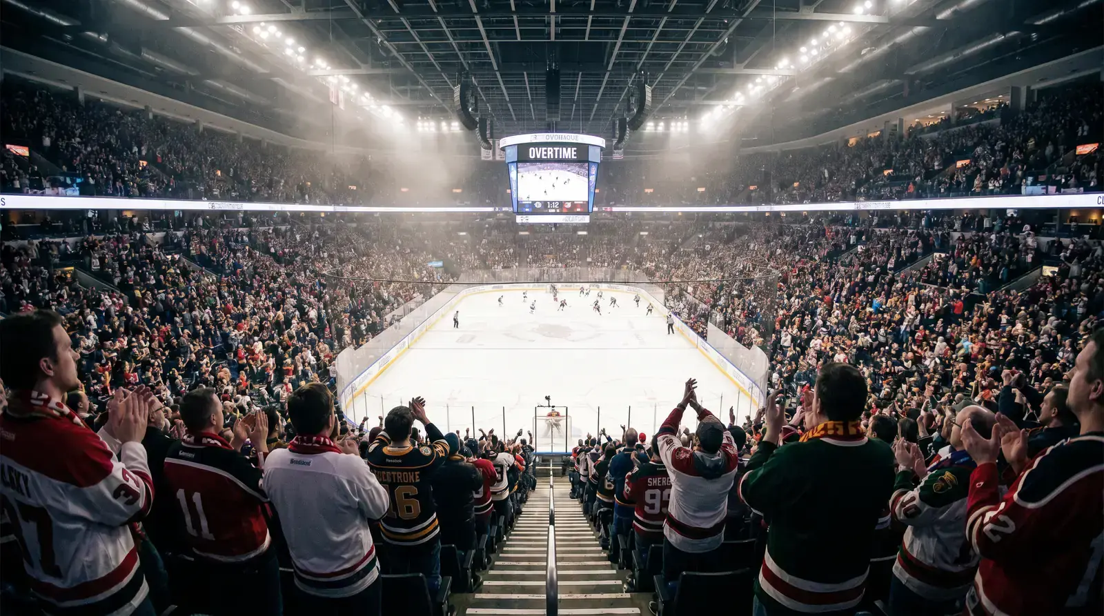 Fans standing in an arena watching an intense overtime hockey game