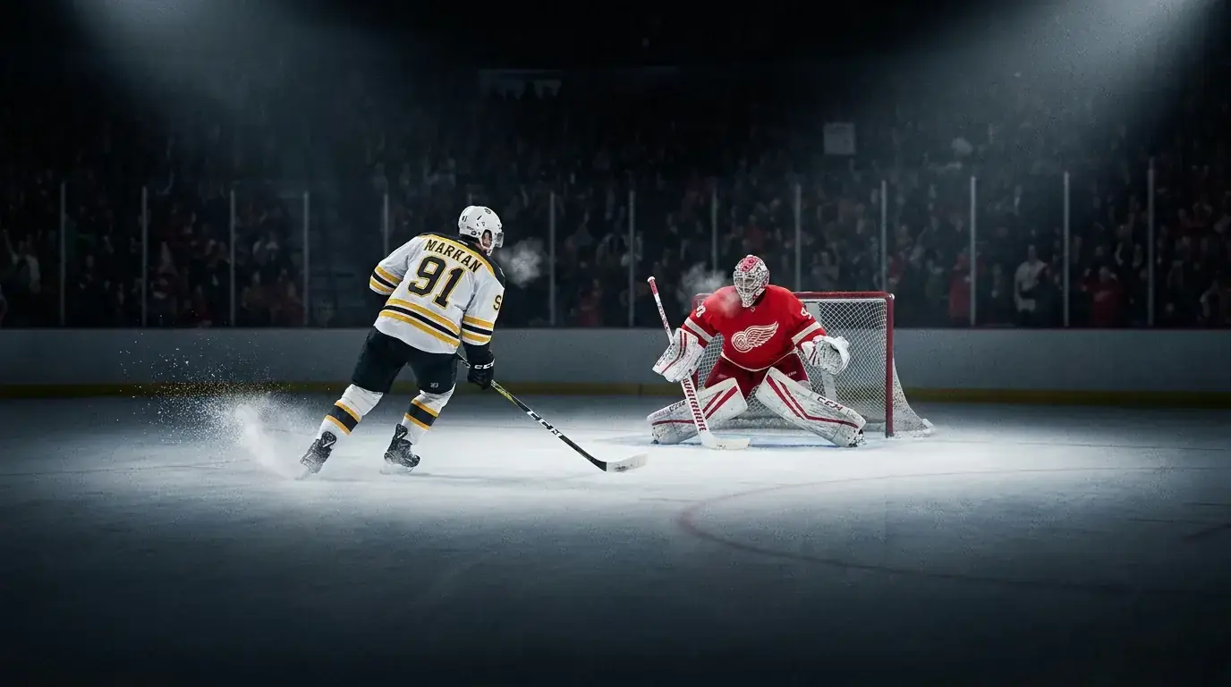 Hockey shootout in progress with a player approaching the goaltender one-on-one
