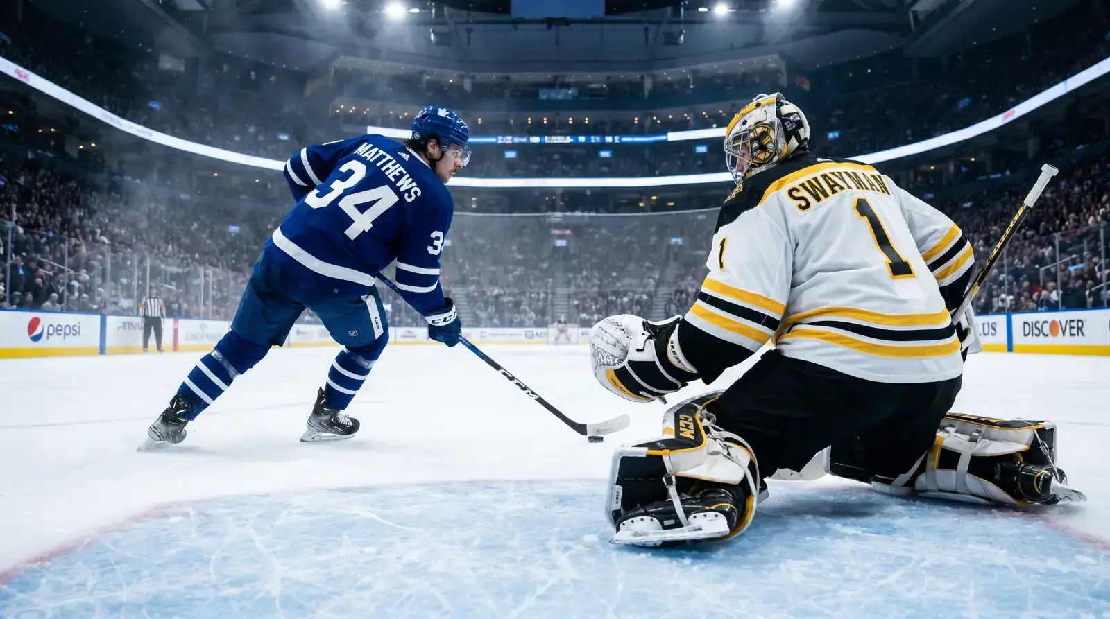 Hockey player approaching the goaltender during a penalty shootout attempt