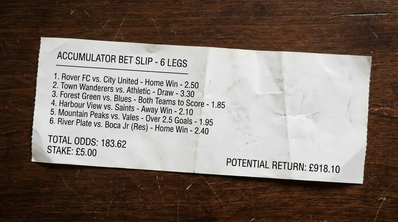 Long accumulator betting slip with multiple legs representing a risky parlay