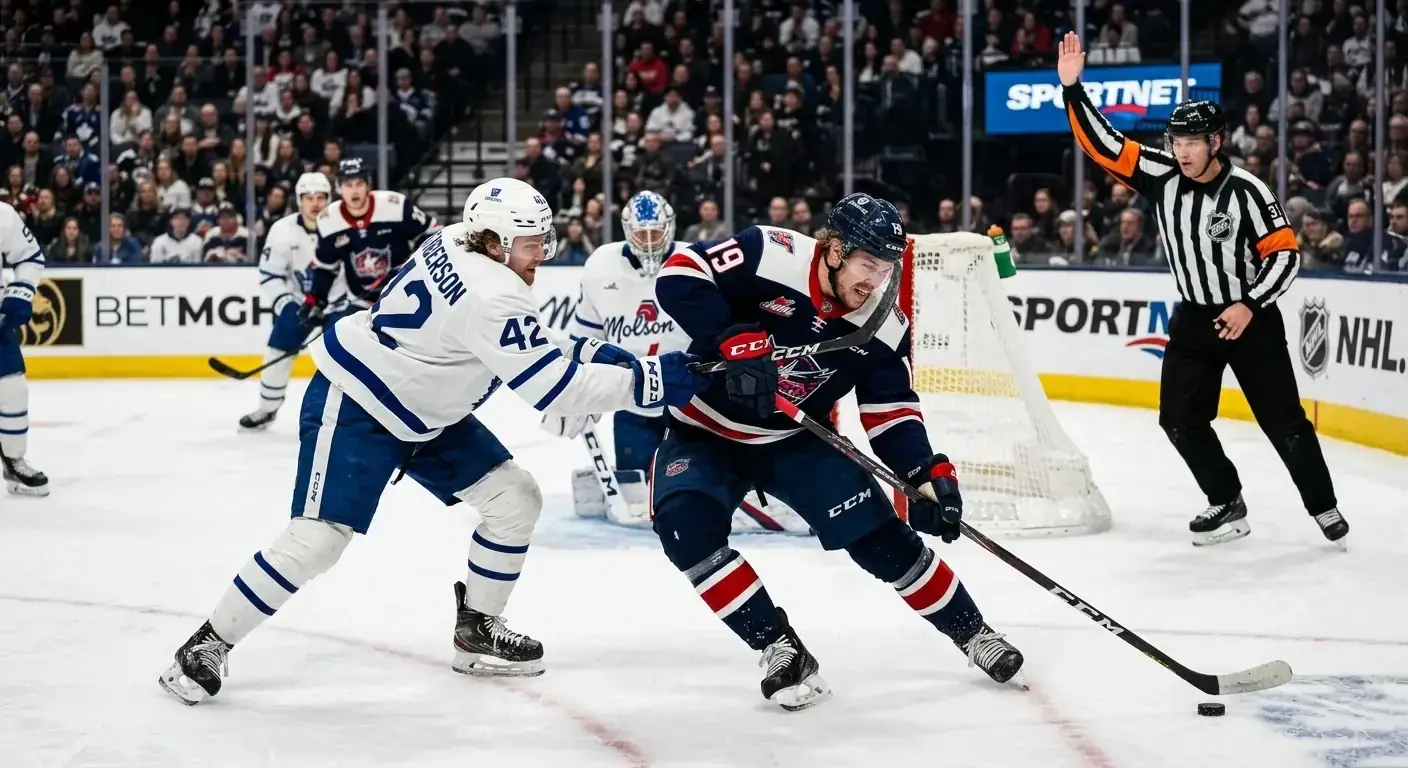 Hockey player drawing a penalty while driving to the net with the puck
