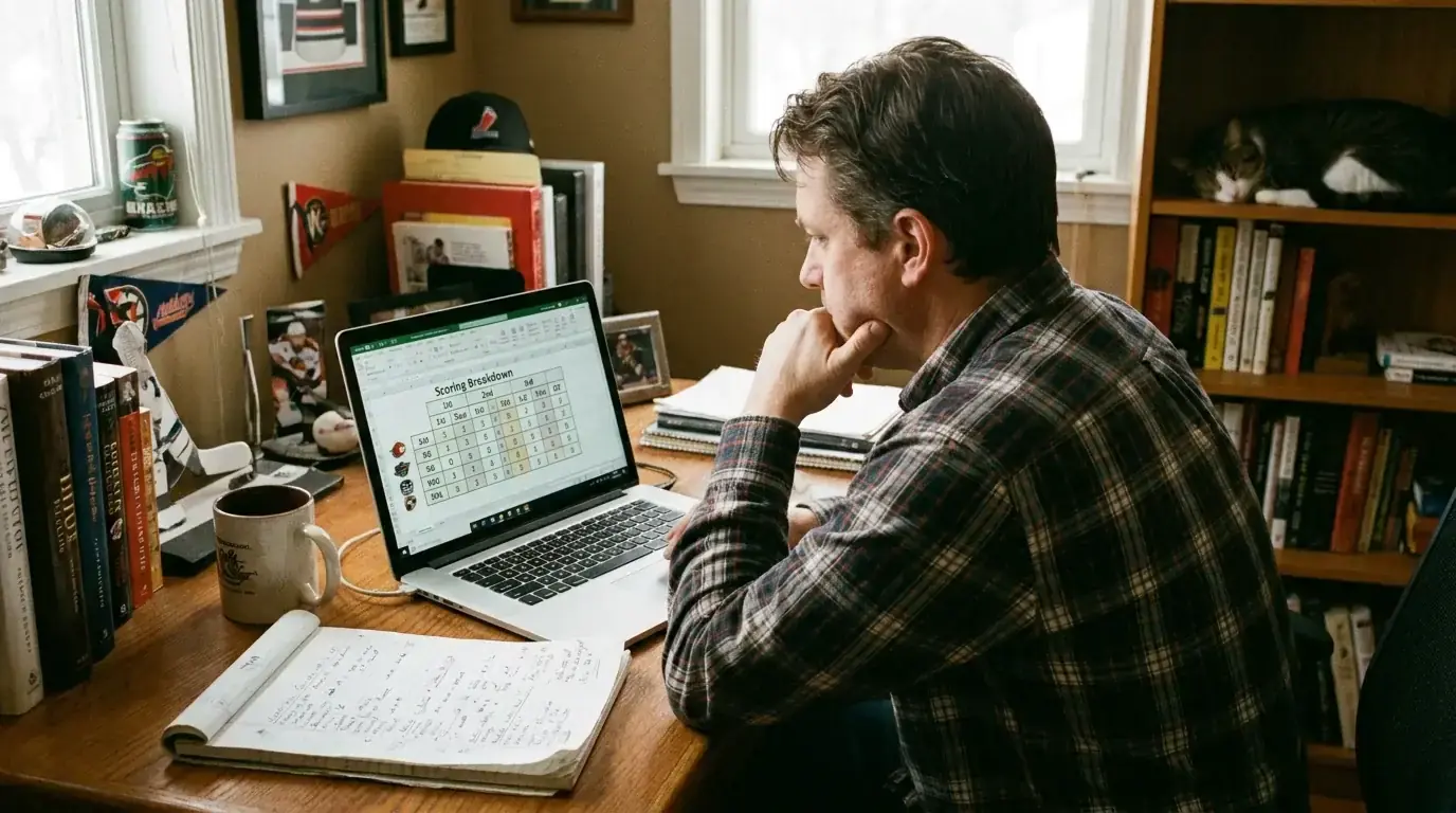 Person reviewing hockey scoring data by period on a laptop screen