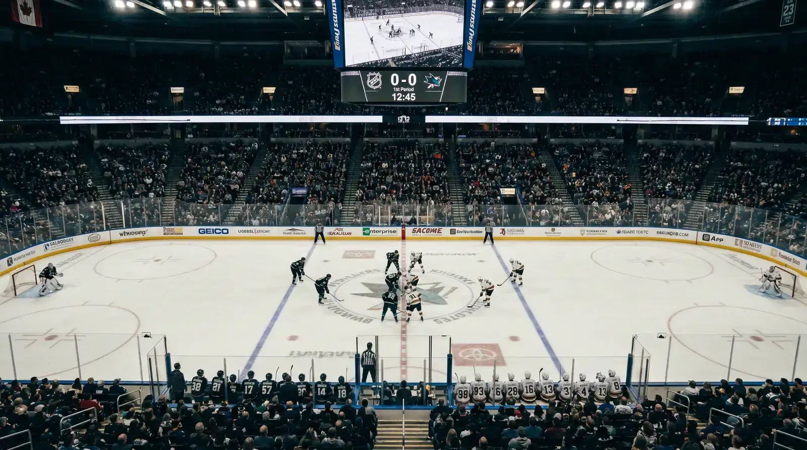 Scoreless first period at an NHL game with both goaltenders standing tall