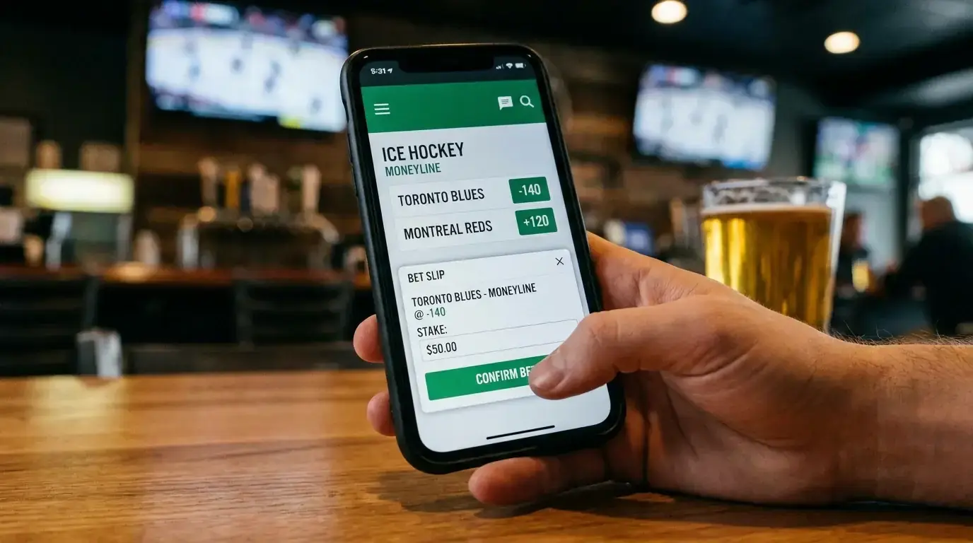 Smartphone showing a hockey moneyline market with odds and bet slip open