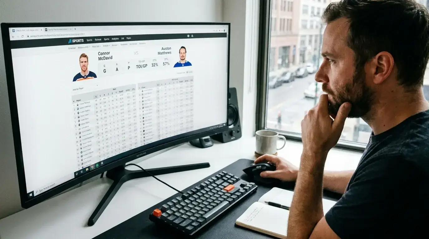 Person checking NHL player statistics on a sports analytics website