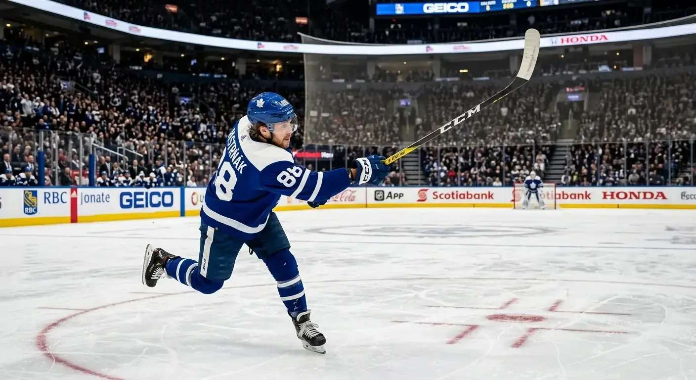 Ice hockey player winding up for a slap shot during an NHL game