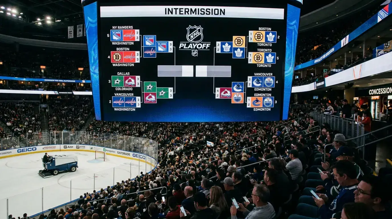 Hockey playoff bracket displayed on a large arena screen during the postseason